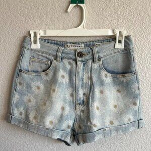 Daisy Print Light Denim Shorts